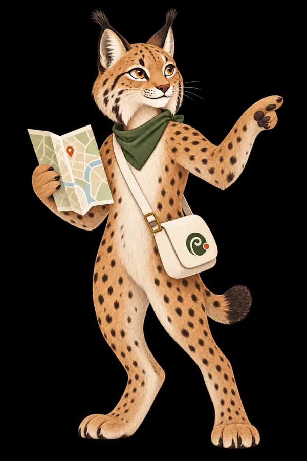 Olmo, un lince ibérico con pañuelo verde, mapa y bandolera que señala un destino