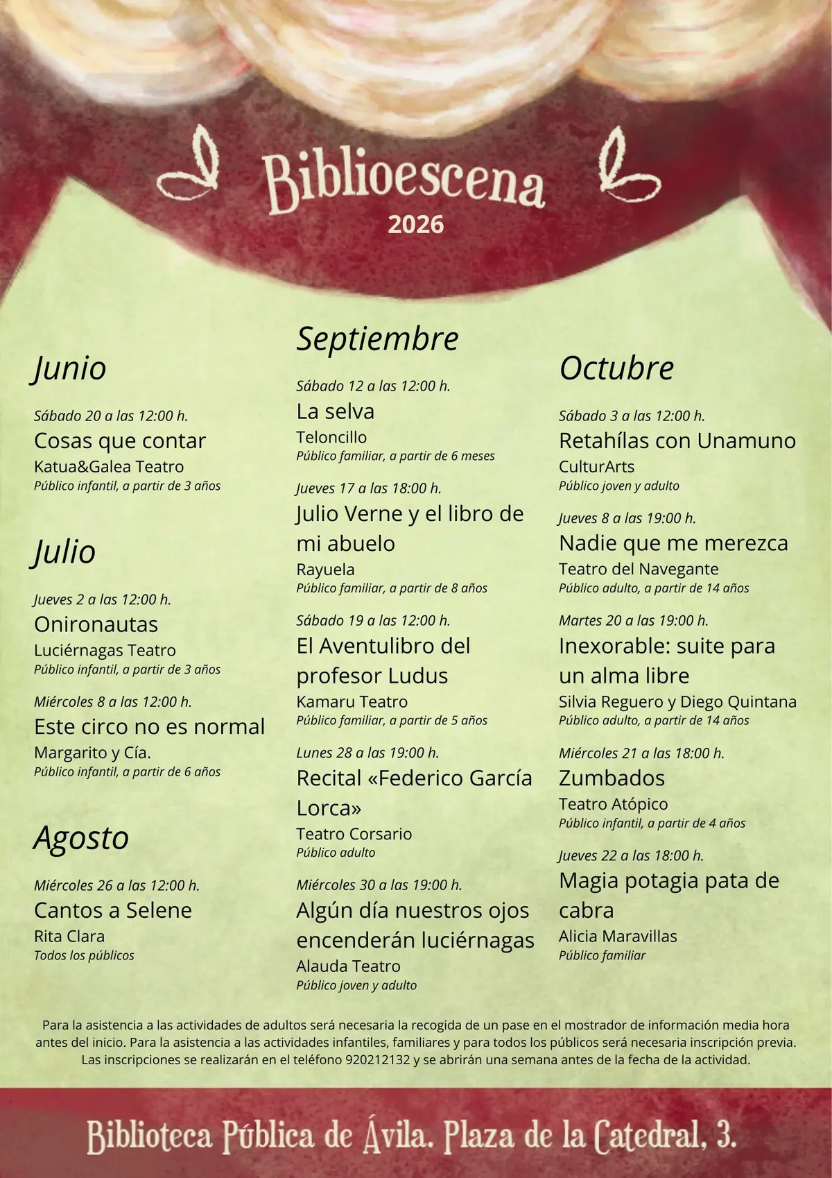 Cartel de Biblioescena 2026 en la Biblioteca Pública de Ávila, que incluye Inexorable: Suite para un alma libre