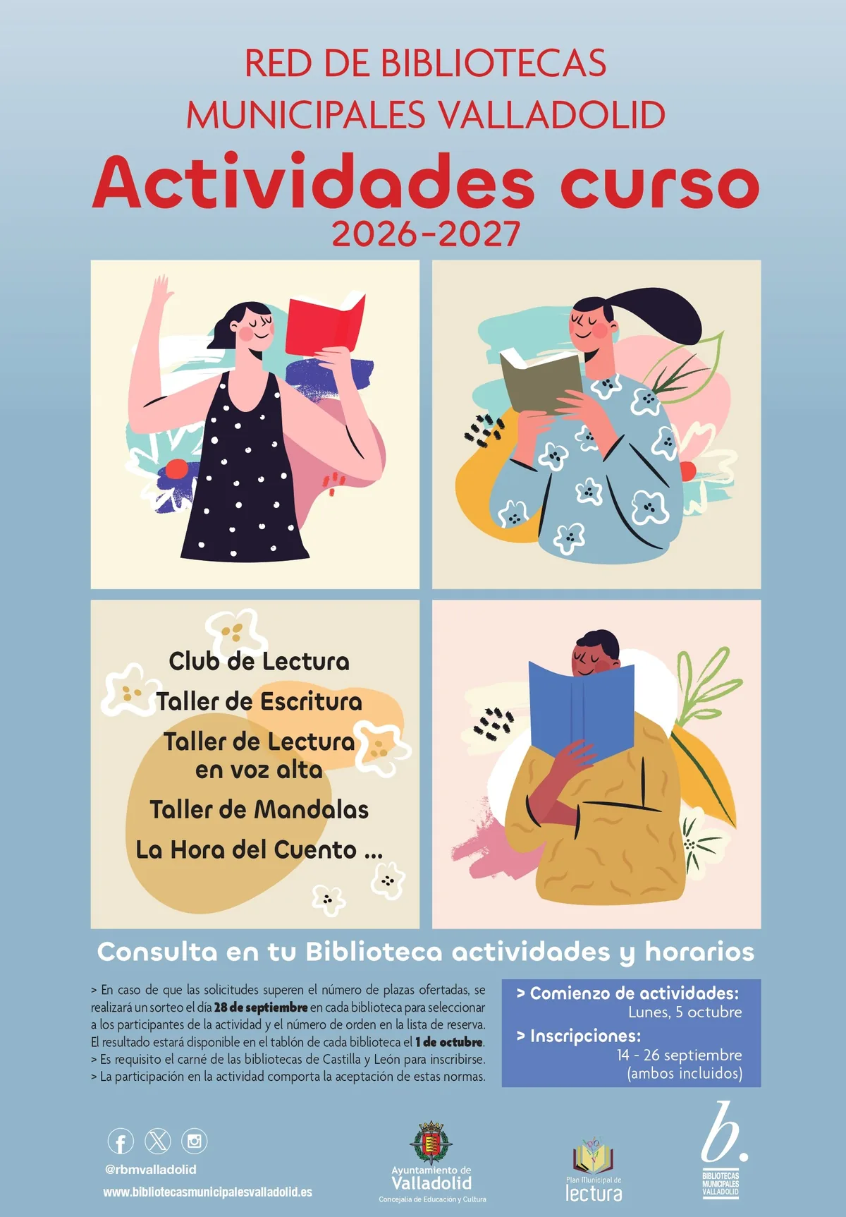 Cartel general de actividades de las bibliotecas municipales de Valladolid, curso 2026–2027