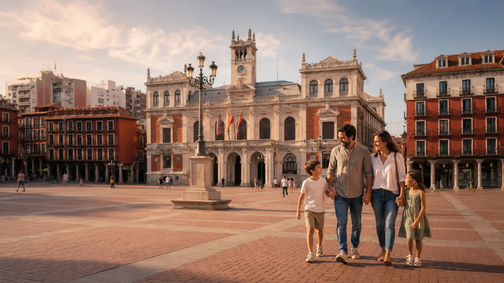 Una familia paseando por la Plaza Mayor de Valladolid