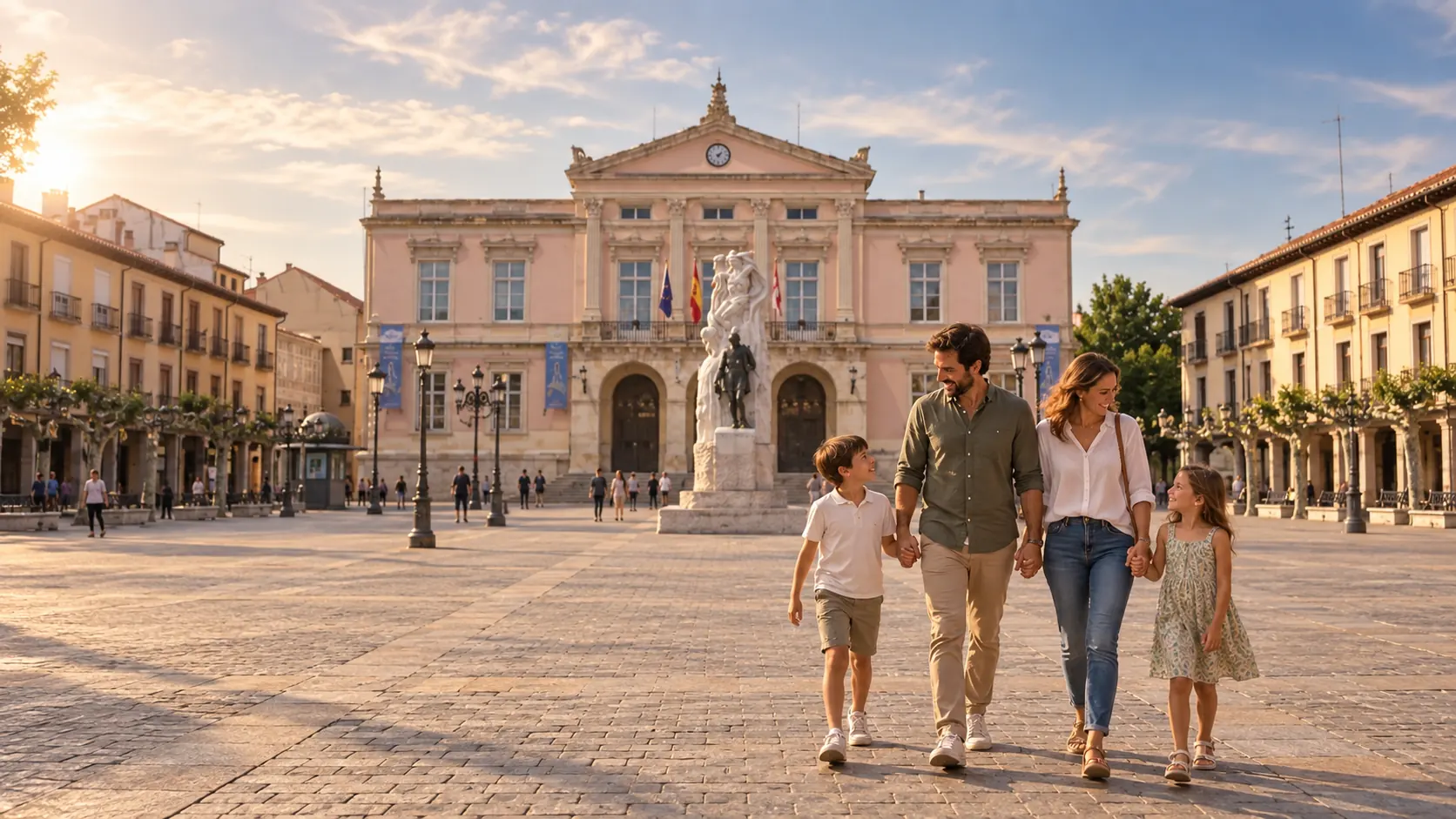 Familia paseando por una plaza en Palencia